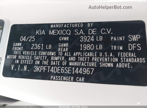 3KPFT4DE6SE144967 2025 KIA K4 White Вид підкапотного простору