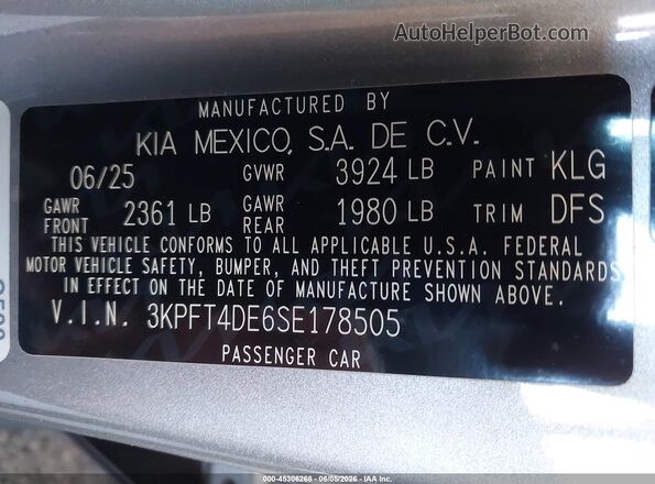 3KPFT4DE6SE178505 2025 KIA K4 Silver ძრავის განყოფილების ხედი