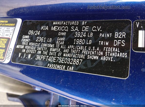 3KPFT4DE7SE032887 2025 KIA K4 Blue Շարժիչի բաժամունքի տեսք