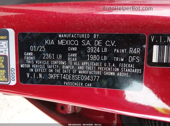 3KPFT4DE8SE094377 2025 KIA K4 Red Вид підкапотного простору