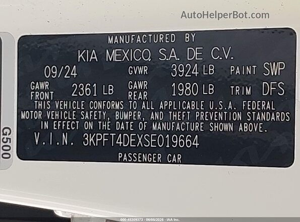 3KPFT4DEXSE019664 2025 KIA K4 Белый Вид подкапотного пространства