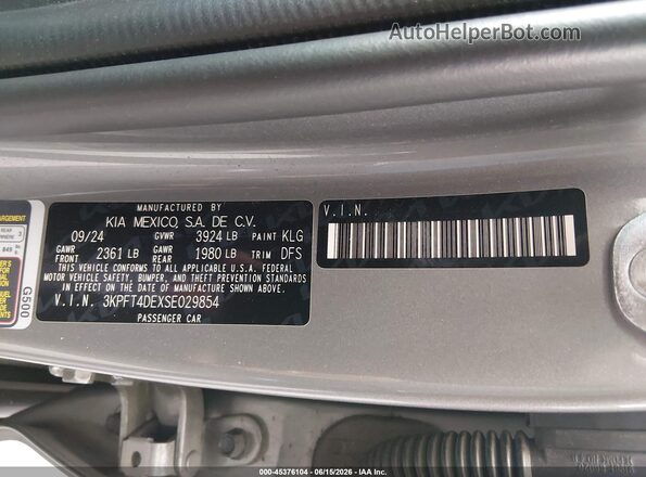 3KPFT4DEXSE029854 2025 KIA K4 Серый Вид подкапотного пространства