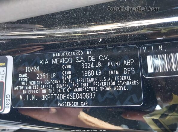 3KPFT4DEXSE040837 2025 KIA K4 Black Вид підкапотного простору