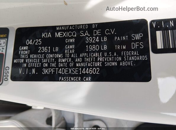 3KPFT4DEXSE144602 2025 KIA K4 White Вид підкапотного простору