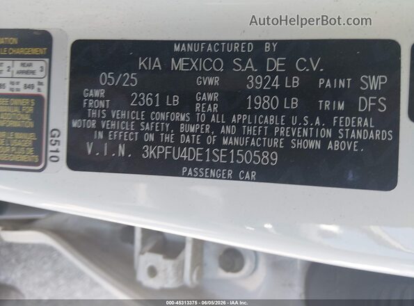 3KPFU4DE1SE150589 2025 KIA K4 White Widok komory silnika