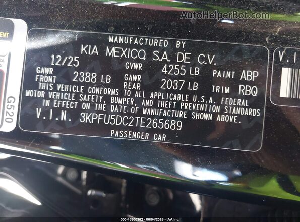3KPFU5DC2TE265689 2026 KIA K4 Black Vista del compartimento del motor