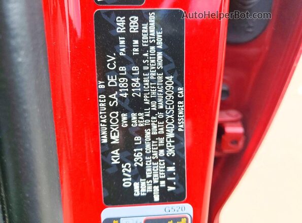 3KPFW4DCXSE090904 2025 KIA K4 Red VIN կոդի պիտակի տեսք