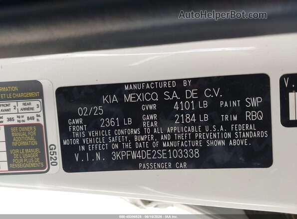 3KPFW4DE2SE103338 2025 KIA K4 White Вид підкапотного простору