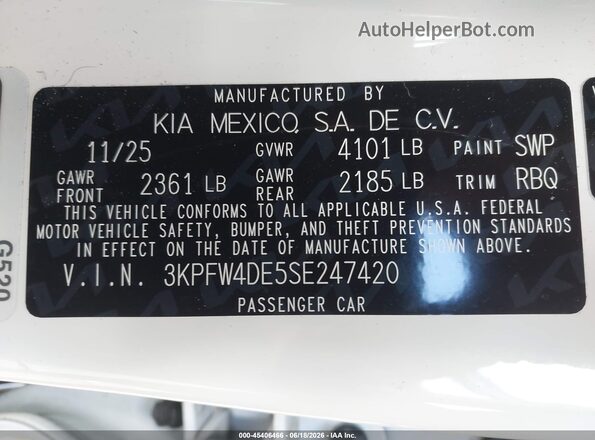 3KPFW4DE5SE247420 2025 KIA K4 Белый Вид подкапотного пространства