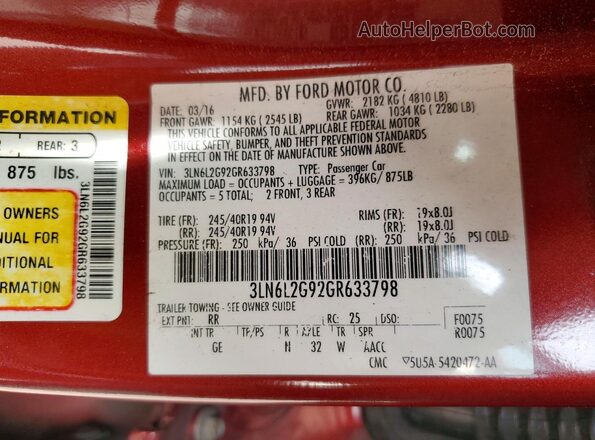 3LN6L2G92GR633798 2016 LINCOLN MKZ Red 