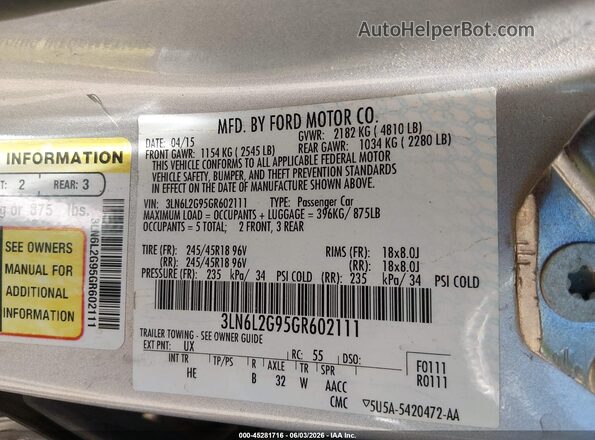 3LN6L2G95GR602111 2016 LINCOLN MKZ Серебряный Вид подкапотного пространства
