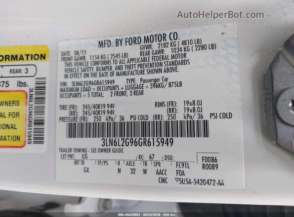 3LN6L2G96GR615949 2016 LINCOLN MKZ White Вид підкапотного простору