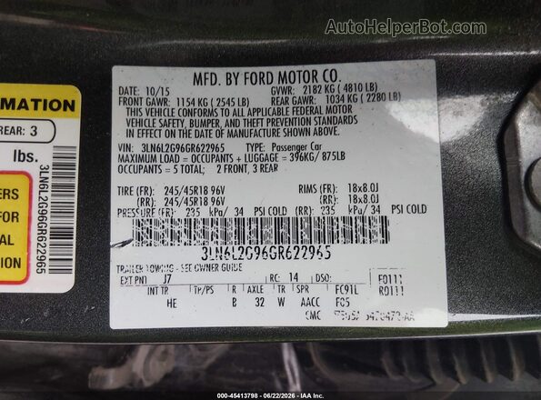 3LN6L2G96GR622965 2016 LINCOLN MKZ Серый Вид подкапотного пространства