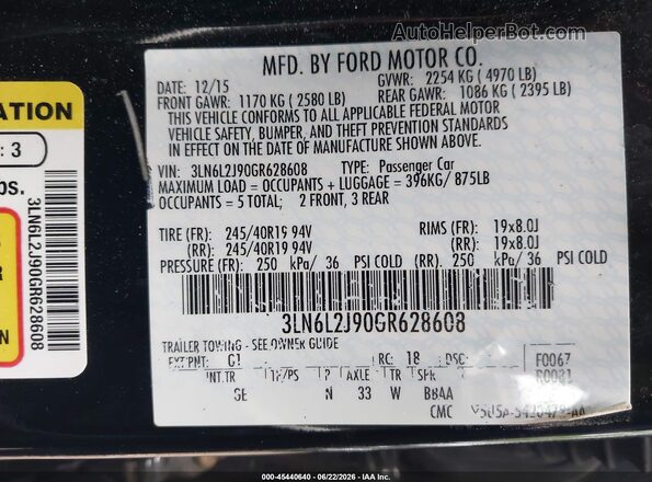 3LN6L2J90GR628608 2016 LINCOLN MKZ Black Widok komory silnika