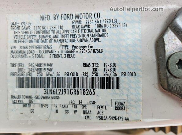3LN6L2J91GR618265 2016 LINCOLN MKZ White 