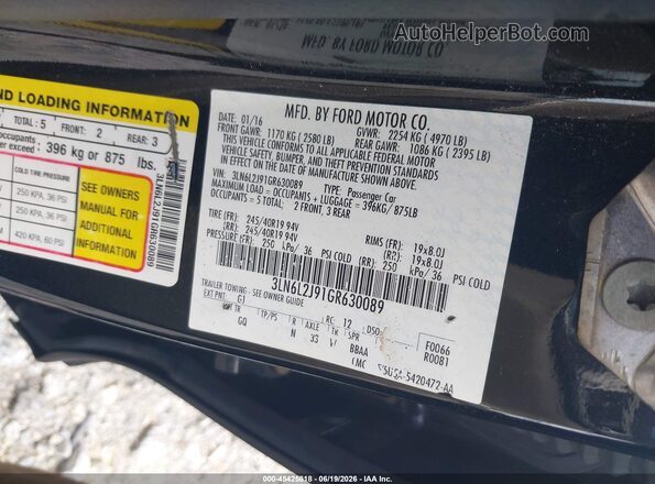 3LN6L2J91GR630089 2016 LINCOLN MKZ Black ძრავის განყოფილების ხედი