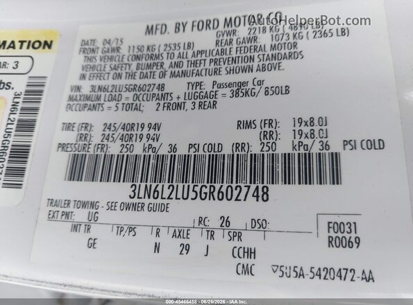 3LN6L2LU5GR602748 2016 LINCOLN MKZ HYBRID White Engine compartment view