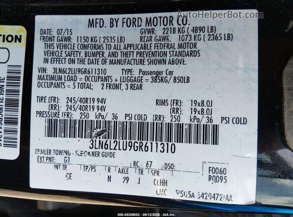 3LN6L2LU9GR611310 2016 LINCOLN MKZ HYBRID Черный Вид подкапотного пространства