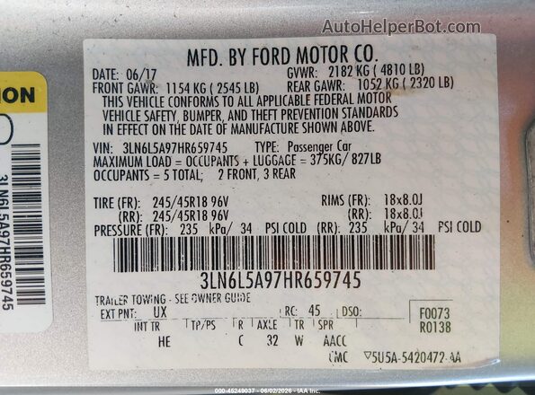 3LN6L5A97HR659745 2017 LINCOLN MKZ Silver Շարժիչի բաժամունքի տեսք
