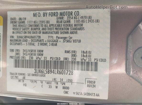 3LN6L5B94LR601728 2020 LINCOLN MKZ Silver Вид підкапотного простору