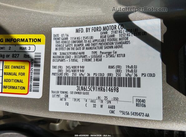 3LN6L5C91HR614698 2017 LINCOLN MKZ Gold ძრავის განყოფილების ხედი
