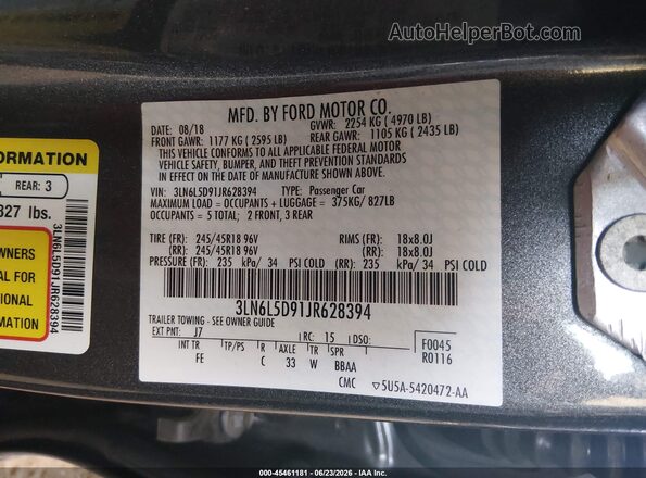 3LN6L5D91JR628394 2018 LINCOLN MKZ Gray Вид підкапотного простору