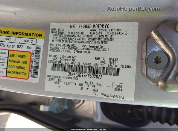 3LN6L5D95HR632877 2017 LINCOLN MKZ Silver Շարժիչի բաժամունքի տեսք