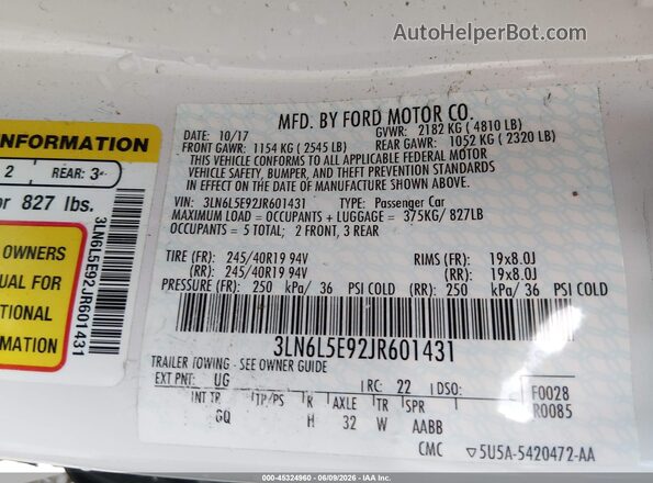 3LN6L5E92JR601431 2018 LINCOLN MKZ White Widok komory silnika