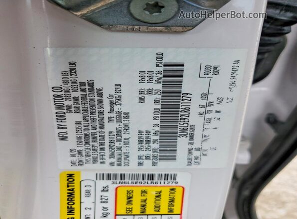 3LN6L5E92LR611279 2020 LINCOLN MKZ White VIN კოდის სტიკერის ხედი