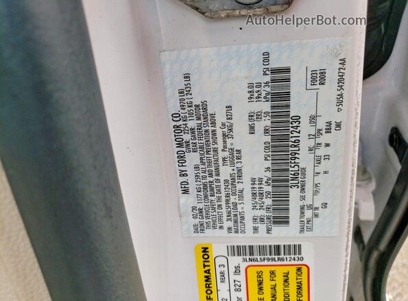 3LN6L5F99LR612430 2020 LINCOLN MKZ White Вид підкапотного простору