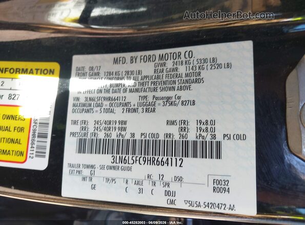 3LN6L5FC9HR664112 2017 LINCOLN MKZ Black Հետևի նստատեղերի տեսք