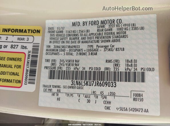 3LN6L5KU7JR609033 2018 LINCOLN MKZ HYBRID Cream ძრავის განყოფილების ხედი