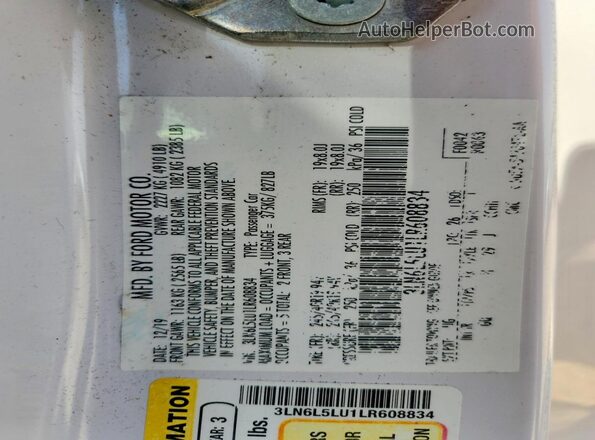 3LN6L5LU1LR608834 2020 LINCOLN MKZ White Widok komory silnika