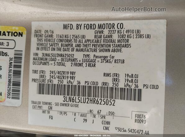 3LN6L5LU2HR625052 2017 LINCOLN MKZ HYBRID Gold Engine compartment view