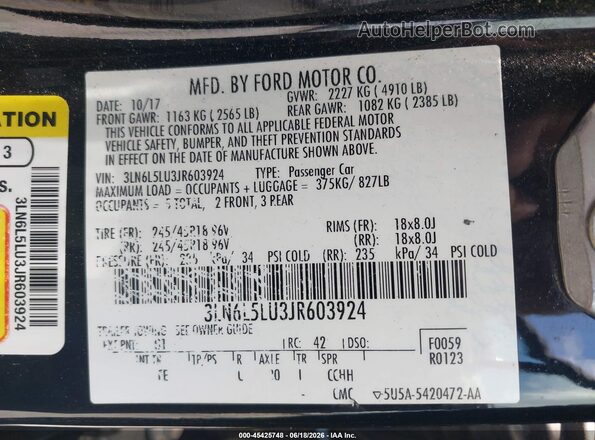 3LN6L5LU3JR603924 2018 LINCOLN MKZ HYBRID Black Widok komory silnika