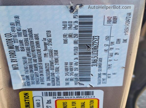 3LN6L5LU3JR622523 2018 LINCOLN MKZ Gray Շարժիչի բաժամունքի տեսք