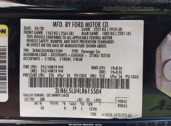 3LN6L5LU4LR615504 2020 LINCOLN MKZ HYBRID RESERVE F Black 