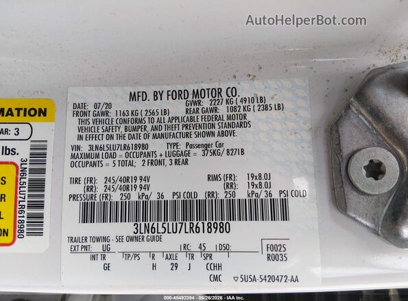 3LN6L5LU7LR618980 2020 LINCOLN MKZ White Вид підкапотного простору