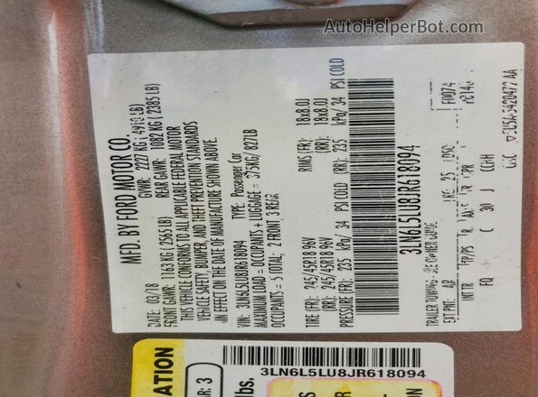 3LN6L5LU8JR618094 2018 LINCOLN MKZ Tan VIN կոդի պիտակի տեսք