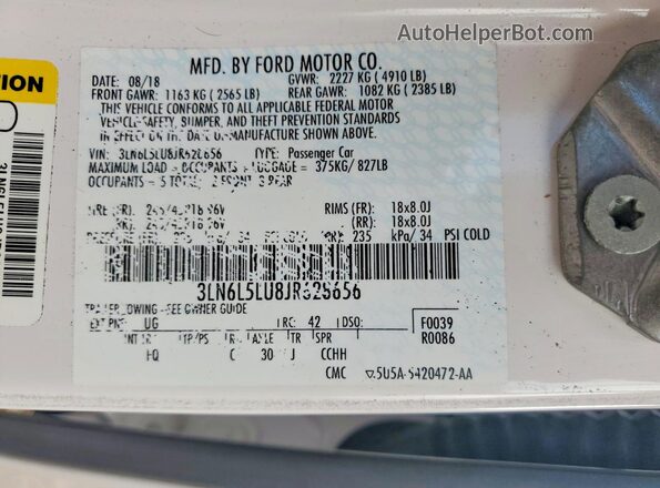 3LN6L5LU8JR628656 2018 LINCOLN MKZ White Widok komory silnika