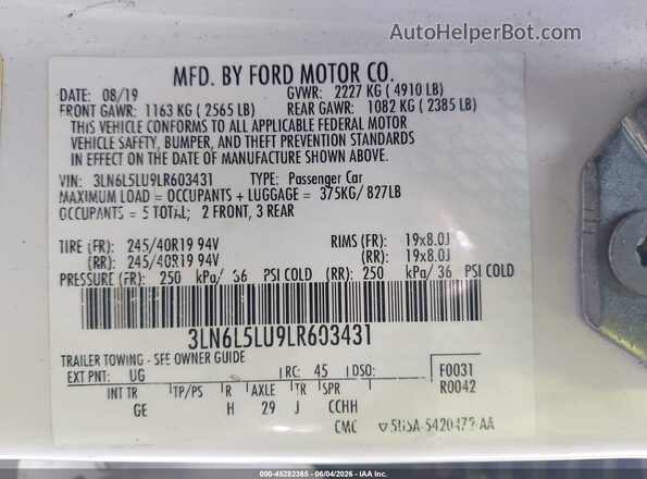 3LN6L5LU9LR603431 2020 LINCOLN MKZ Cream Vista del compartimento del motor
