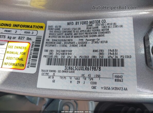 3LN6L5LUXLR619878 2020 LINCOLN MKZ Серебряный Вид подкапотного пространства