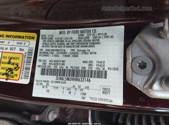 3LN6L5MU4HR632146 2017 LINCOLN MKZ HYBRID Red Вид підкапотного простору