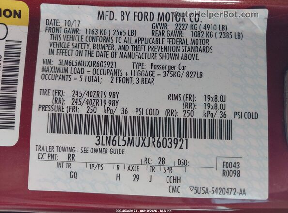 3LN6L5MUXJR603921 2018 LINCOLN MKZ HYBRID Red Вид підкапотного простору