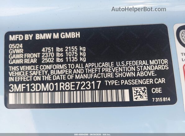 3MF13DM01R8E72317 2024 BMW M2 Black Вид підкапотного простору