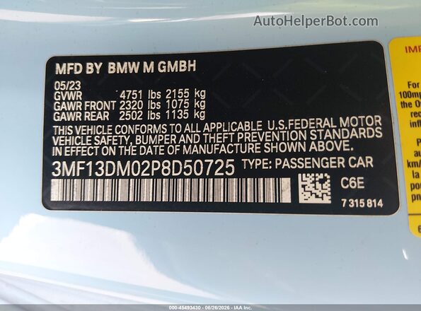 3MF13DM02P8D50725 2023 BMW M2 Blue ძრავის განყოფილების ხედი