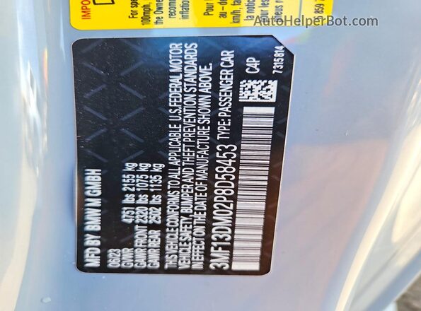 3MF13DM02P8D58453 2023 BMW M2 Gray VIN կոդի պիտակի տեսք