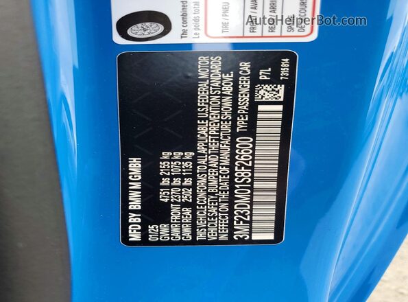 3MF23DM01S8F26600 2025 BMW M2 Blue VIN կոդի պիտակի տեսք