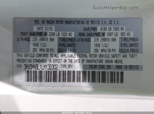 3MVDMABL1LM132302 2020 MAZDA CX-30 White Widok komory silnika