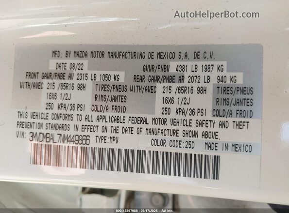 3MVDMBAL7NM449866 2022 MAZDA CX-30 White Вид підкапотного простору
